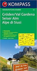 365. Gröden/Val Gardena, Seiser Alm/Alpe di Siusi, Panorama mit Straßenkarte, 1: 150 000 panoráma térkép (2008)