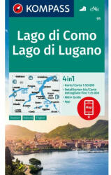 91. Comoi-tó turista térkép Kompass 1: 50 000 Lago di Como, Lago di Lugano (ISBN: 9783991214694)