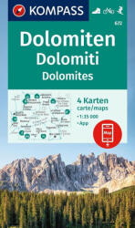 672. Dolomiten turistatérkép, Dolomitok turista térkép Kompass 4 db-os térképszett 1: 35 000 (ISBN: 9783991541684)