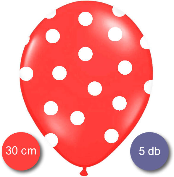 Pöttyös léggömb, 30cm, piros színben, 5 db/cs