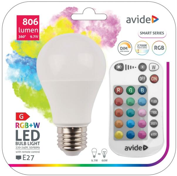 Vásárlás: Avide Smart LED izzó A60 9.7W RGB+W 2700K IR Távirányítóval  (ASG27RGBW-9.7W-RC) LED izzó árak összehasonlítása, Smart LED izzó A 60 9 7  W RGB W 2700 K IR Távirányítóval ASG 27