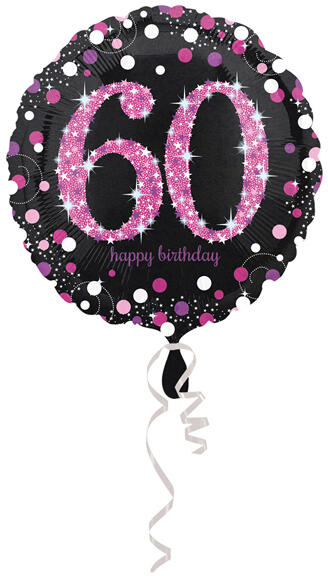 60. évszámos fólia lufi, gömb, HB, fekete-pink