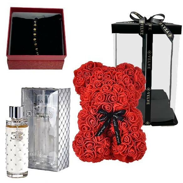Aranjamente florale - Set cadou fete, Ursulet floral din spuma, Parfum  Chic'n Glam Diamond 100 ml si bratara zirconiu in cutie (Flori) - Preturi