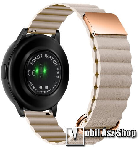 Okosóra szíj - valódi bőrpánt, mágneses, 118mm + 105mm hosszú, 22mm széles  - BÉZS / ROSE GOLD - SAMSUNG Galaxy Watch 46mm / Watch GT2 46mm / Watch GT  ...