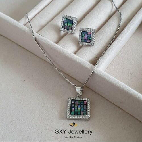 SXY Jewellery Дамски сребърен комплект с Кралски седеф "Квадрат" | ss0893  Бижута комплект, най-евтина оферта 109,00 лв