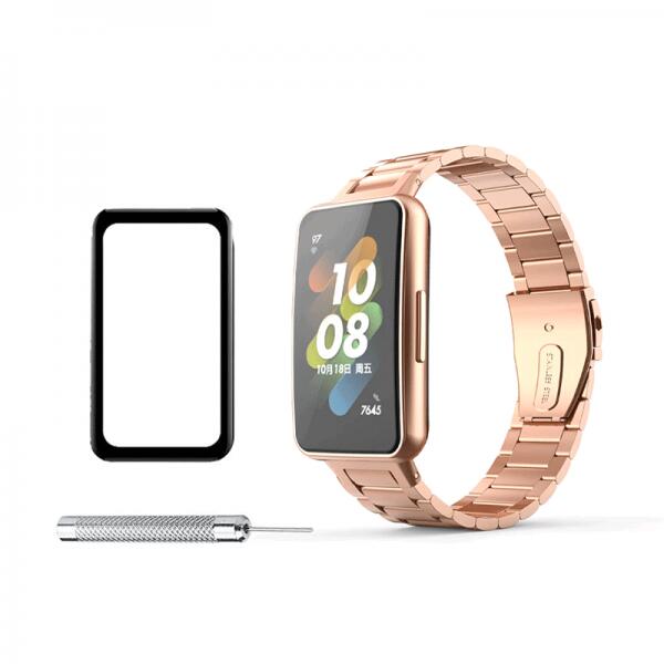 krasscom Set bratara smartwatch pentru Huawei Band 7 din otel inoxiabil,  tip zale, folie de protectie ecran din sticla, si kit ajustare lungime,  rose-gold (HUBAND018) (Accesoriu ceas sport si smartwatch) - Preturi