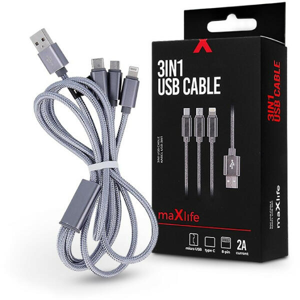 MaxLife USB töltő- és adatkábel 1 m-es vezetékkel - Maxlife 3in1 for  Lightning/microUSB/Type-C USB Cable - 5V/2A - ezüst - mostelado vásárlás,  olcsó MaxLife USB töltő- és adatkábel 1 m-es vezetékkel -