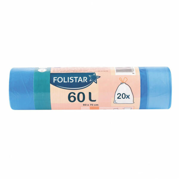 HNAT szemeteszsák 64x70cm, 60 literes HDPE, kék, szalagos, 20 darab/tekercs (FS6020-ZB)