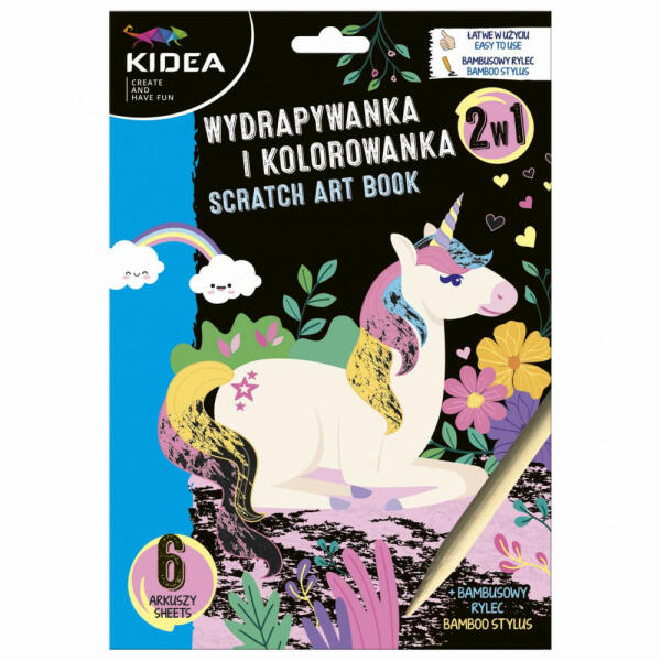Kidea képkarcoló és színezhető lapok, 6 lapos, unikornis (DFM-WKBKA)