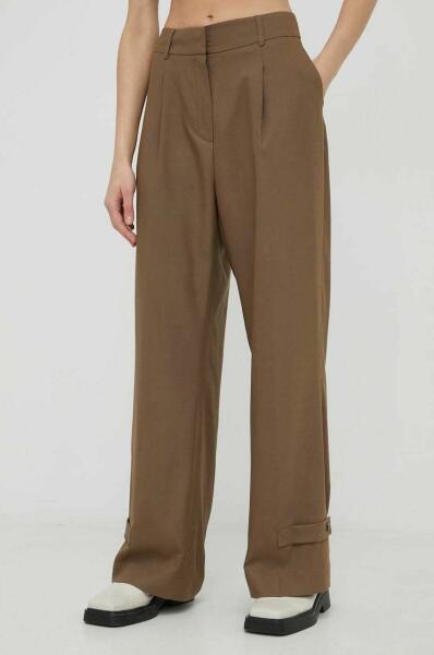 Herskind pantaloni din lana Logan femei, culoarea maro, lat, high waist  MBYY-SPD018_88X (Pantaloni dama) - Preturi