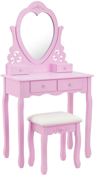 Rózsaszín "Julia" fésülködő asztal szív alakú tükörrel, taburettszékkel
