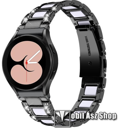 Vásárlás: Okosóra műanyag / rozsdamentes acél szíj - FEKETE / FEHÉR -  pillangó csat, strasszkővel díszített - 20mm széles - SAMSUNG Galaxy Watch5  44mm (SM-R915F) / Watch5 40mm (SM-R905F) / Watch5 Pro (