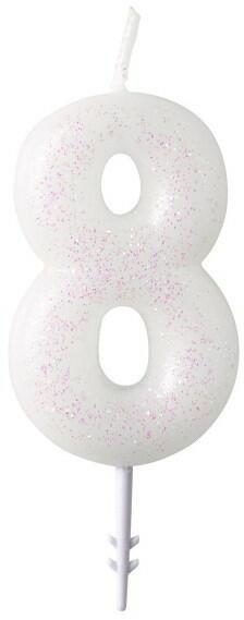 White, Fehér csillámos gyertya 8-as 6, 5 cm (DPA9904383) - kidsfashion