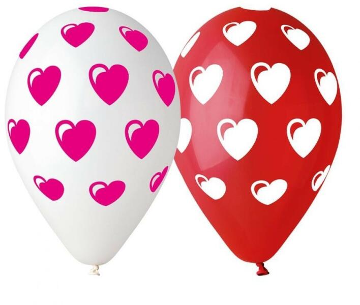 Red-White Heart, Szív léggömb, lufi 5 db-os 12 inch (30 cm) (MLG318227)