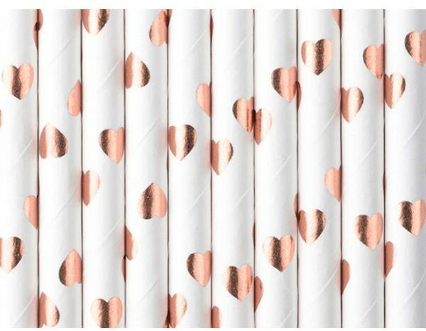Szívószál fehér-rose gold szívecskés 19, 5 cm, 10 db/csomag