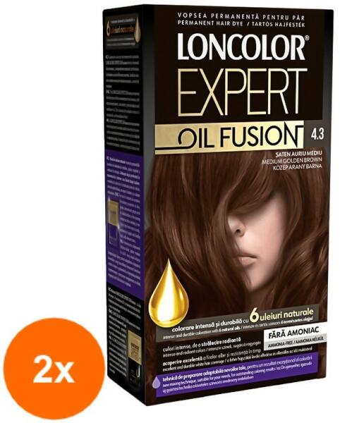 LONCOLOR Set 2 x Vopsea de Par Permanenta fara Amoniac Loncolor Expert Oil  Fusion 4.3 Saten Auriu Mediu, 100 ml (Vopsea de par) - Preturi