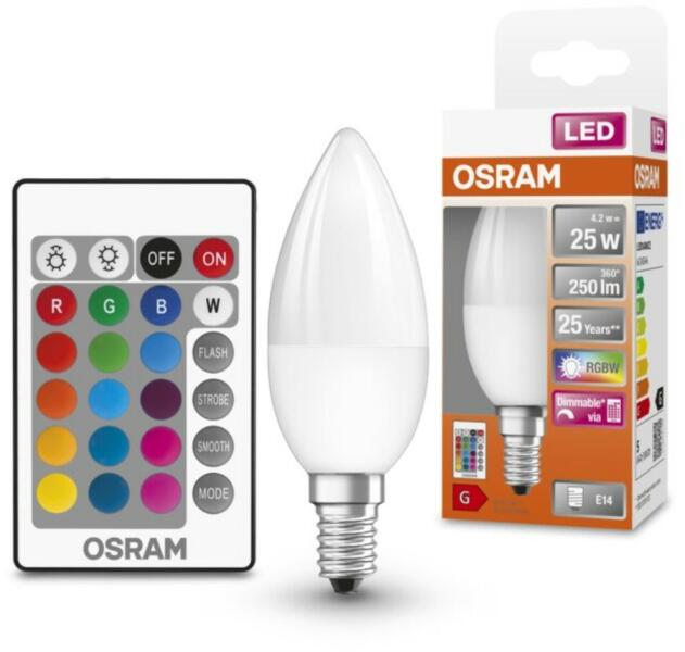 E14 RGBW LED Star+ gyertya 4, 2W 250lm 2700K melegfehér 200° - 25W izzó helyett, távirányítóval (4058075430778)