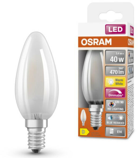 E14 LED SStar+ gyertya 3, 4W 470lm 2700K melegfehér, szabályozható 300° opál - 40W izzó helyett (4058075602779)