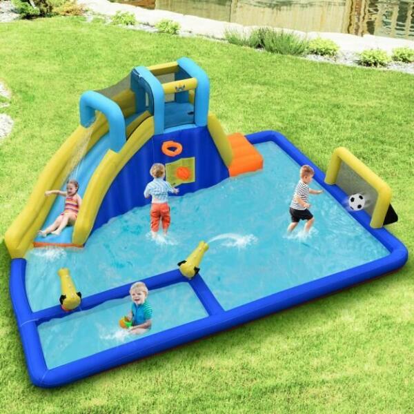 Цени на CW Надуваем замък с водна пързалка 6 в 1, играчки за градината  евтино