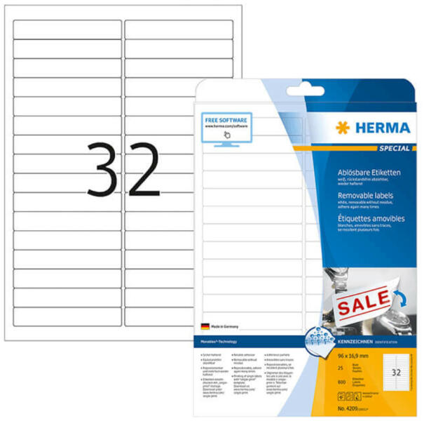 Vásárlás: Herma 96*16, 9 mm-es Herma A4 íves etikett címke, fehér színű (25  ív/doboz) (HERMA 4209) - cimke-nyomtato Etikett árak összehasonlítása, 96  16 9 mm es Herma A 4 íves etikett címke