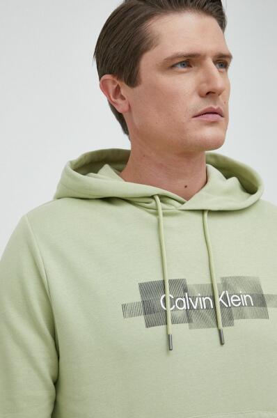 Calvin Klein hanorac de bumbac barbati, culoarea verde, cu glugă, cu  imprimeu PPYX-BLM017_81X (Pulover barbati) - Preturi