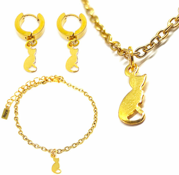 Vásárlás: Maria King Nemesacél Cicás medálos nyaklánc, karkötő és fülbevaló  szett, arany színű - dobozban (STM-483-sz) Ékszer szett árak  összehasonlítása, Nemesacél Cicás medálos nyaklánc karkötő és fülbevaló szett  arany színű dobozban STM