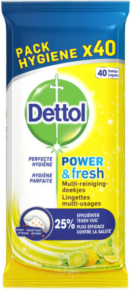 Dettol Power & Fresh Frissítő Citrom & Lime univerzális felülettisztító törlőkendő 40 db