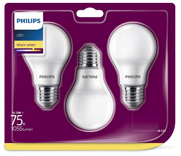 Vásárlás: Philips E27 LED 10, 5W 1055lm 2700K-75W izzó helyett, 3 darab/ csomag (8718699616045) LED izzó árak összehasonlítása, E 27 LED 10 5 W 1055  lm 2700 K 75 W izzó helyett 3 darab csomag 8718699616045 boltok