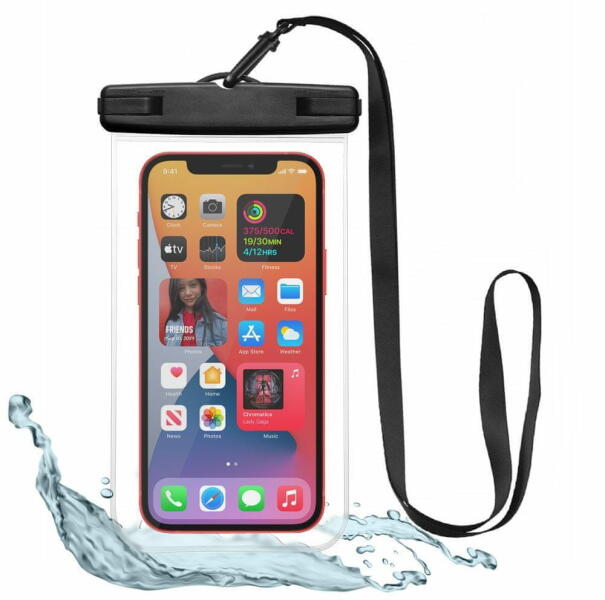 TKG Telefontok Univerzális nyakba akasztható, fekete/átlátszó vízálló tok