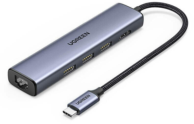 UGREEN Hub USB UGREEN 5in1 USB C - 3x USB 3.0 / HDMI / RJ45 gri ( CM475 )  (6957303829347) (Crad reader) - Preturi
