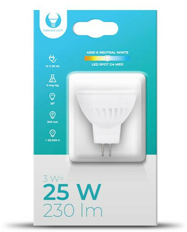 LED spotlámpa MR11 G4 3W 12V 300° 4500K tűlábas - RTV003573