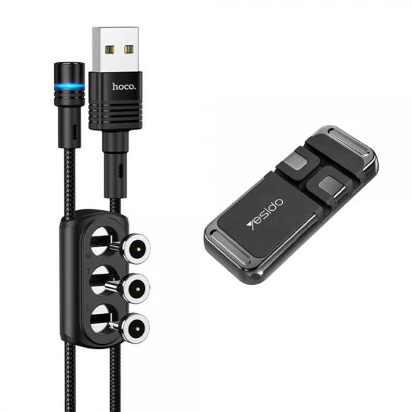 krasscom Set cablu incarcare magnetic 3 in 1 USB la Type-C, Micro-USB,  Lightning Hoco de 20W, 1.2 m si organizator cabluri/ suport auto magnetic,  sticker metalic, negru (SETCOF005) (Cablu, conector) - Preturi