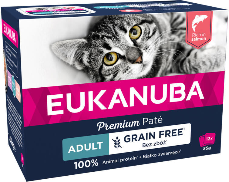 Vásárlás: EUKANUBA 12x85g Eukanuba Grain Free Adult nedves macskaeledel -  lazac Macskaeledel árak összehasonlítása, 12 x 85 g Eukanuba Grain Free  Adult nedves macskaeledel lazac boltok