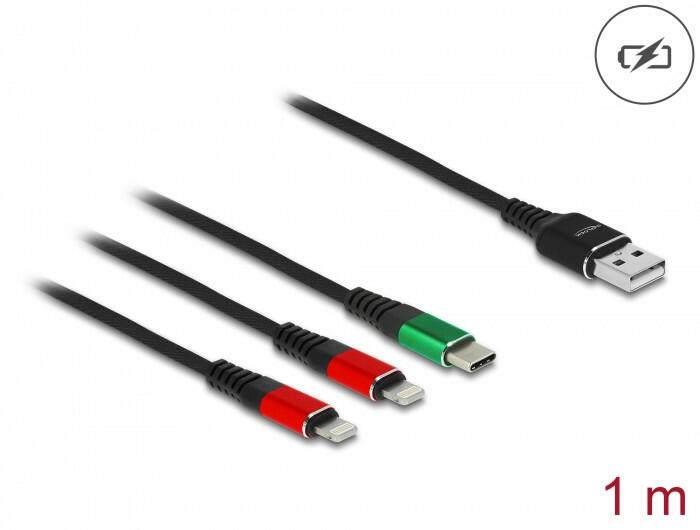 Delock 1 m hosszú, USB töltő kábel 3 az 1 A-típusú apa 2 x Lightning -, es  USB Type-C csatlakozáshoz (86821) vásárlás, olcsó Delock 1 m hosszú, USB töltő  kábel 3 az