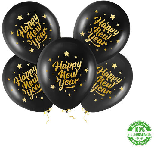 Lufi, fekete, Happy New Year, 30cm, 5 db/cs