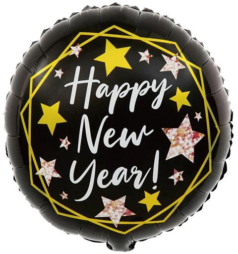 Happy New Year, fekete csillagos, fólia lufi 45cm