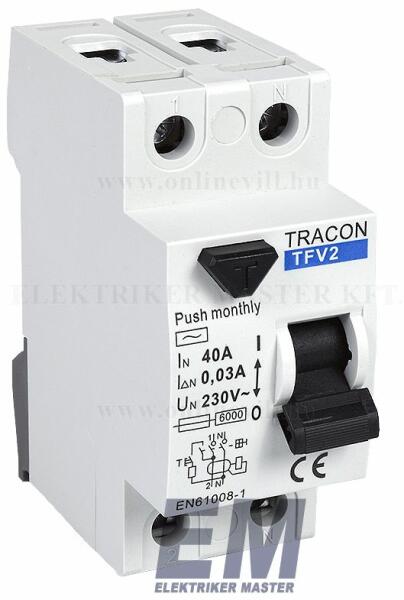 Vásárlás: Tracon Fi relé 2P 40A 30mA 6kA (AC) áramvédő kapcsoló ÁVK ÉV relé  TRACON TFV2-40030 2-Pólusú Fi relék (TRCNTFV2-40030) Elektromos kábel,  vezeték árak összehasonlítása, Fi relé 2 P 40 A 30
