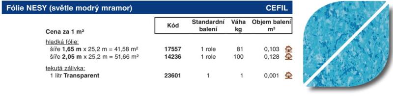 Cefil nehéz fólia 1, 5 mm poliészter betéttel és mintával NESY (világoskék márvány), 2, 05 m széles - Méteráru - az ár m2-re vonatkozik