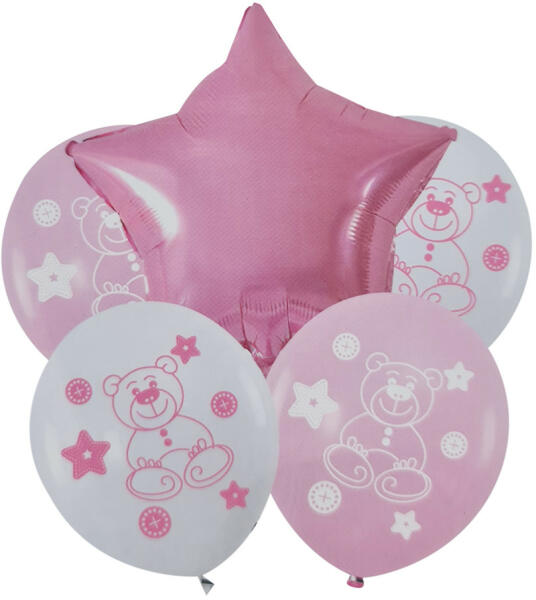 5 darabos latex és fólia lufi szett - Rózsaszín - Csillag és maci
