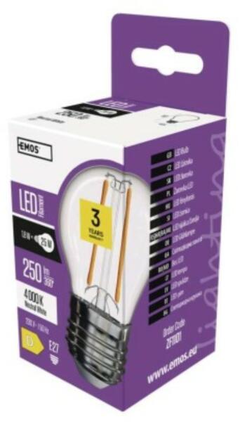 Emos led filament izzó kisgömb 1, 8W E27 250lm természetes fehér (ZF1101)