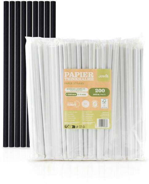 Fekete szívószál, egyenként papírba csomagolva, O 8 mm / 23 cm, 200 db fóliazacskóban