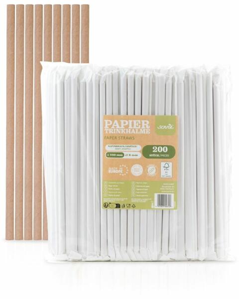 Natúrbarna szívószál, egyenként papírba csomagolva, O 8 mm / 23 cm, 200 db fóliazacskóban