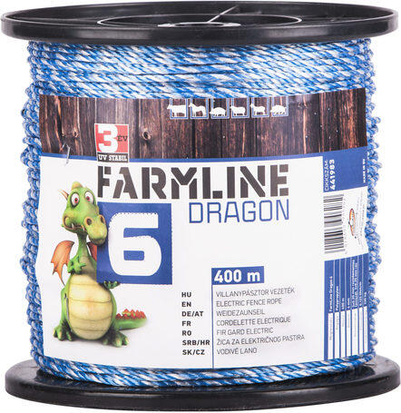Dragon 6 villanypásztor vezeték (Hossz: 400 m | Átmérő: 4 mm | Vezetőszálak: 3 x 0, 2 mm nemesacél + 3 x 0, 25 Cu | Ellenállás: 0, 125 Ohm/m | Szakítószilárdság: 330 kg | Ajánlott kerítéshossz: 18000