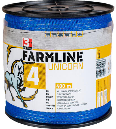 Unicorn 4 villanypásztor vezeték (Hossz: 400 m | Szélesség: 20 mm | Vezetőszálak: 4 x 0, 3 mm ötvözet | Ellenállás: 2, 85 Ohm/m | Szakítószilárdság: 100 kg | Anyaga: PE monofile | Kék)