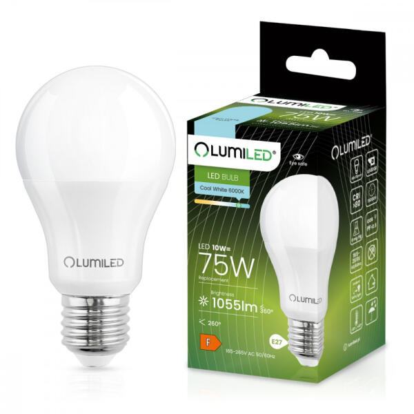 E27 A60 LED izzó 10W = 75W 1055lm 6500K Hideg 260° LUMILED (LEDZARMI080A)