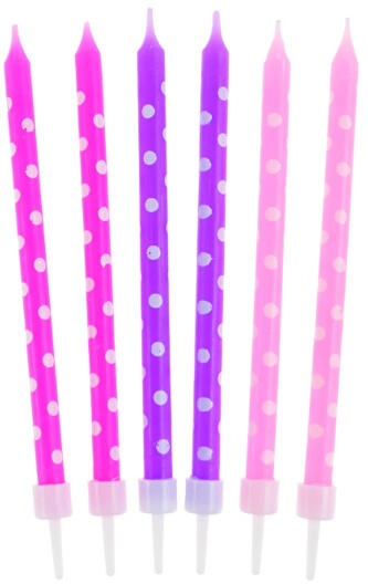 Tortagyertya, pöttyös, 24 db/cs (rózsa, pink, lila)