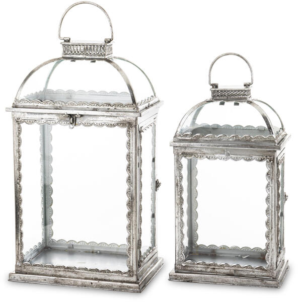 Óezüst fém üvegezett szögletes kerti lámpás lantern 2db-os szett 55x27x20 / 44x22x15cm (172880)