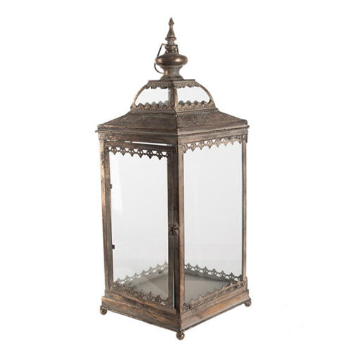 Csipkés, bronzos fémkeretes üveglantern, 28x27x60cm, rombusz formájú (5Y1106)