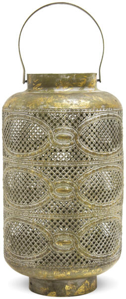 Antik jellegű indiai stílusú áttört fém patinás aranyszín lantern lámpás fogantyúval 37x15x15cm (108894)