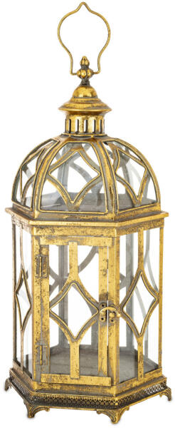 Fém lantern lámpás áttört óarany csipkés patinás kerettel üvegezve akasztóval 62, 5x27x23, 5cm (175579)